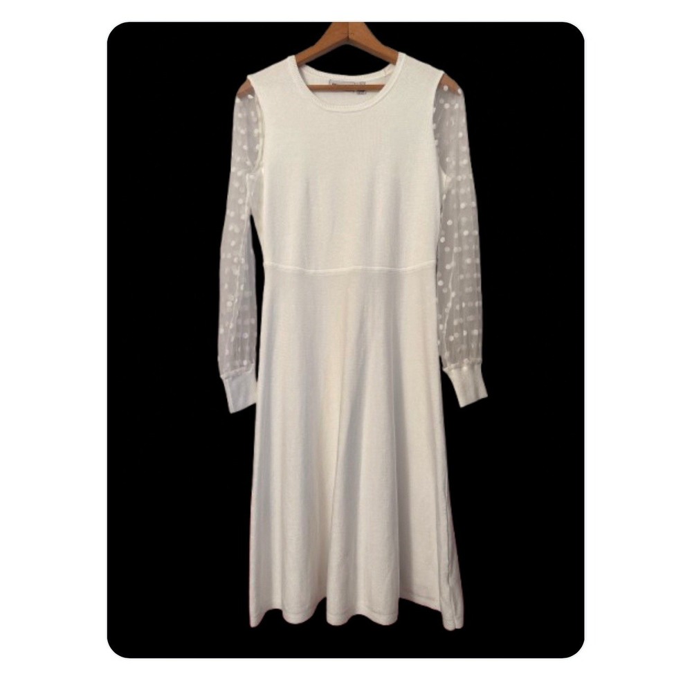 Nina Leonard White Dress Size‎ Small Long Sheer Sleeve with Polka Dots